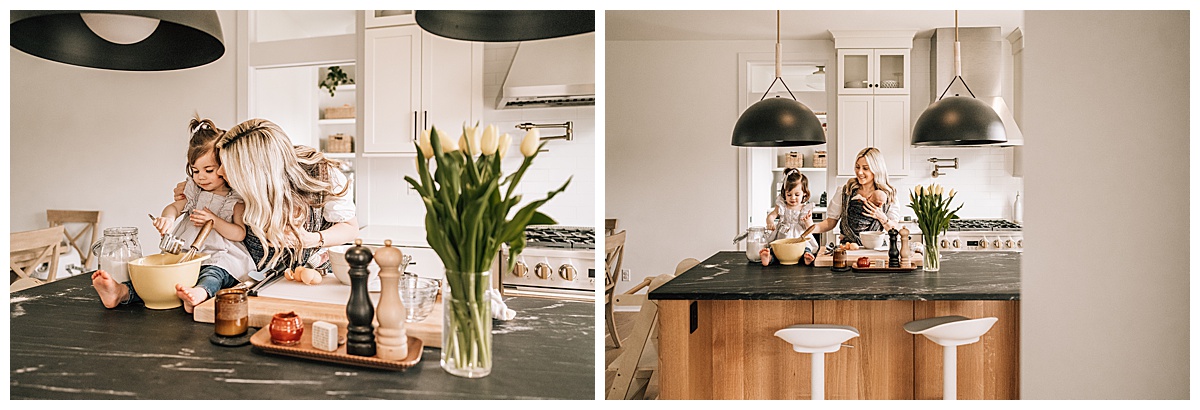 Pull back images of little girl and mom baking together