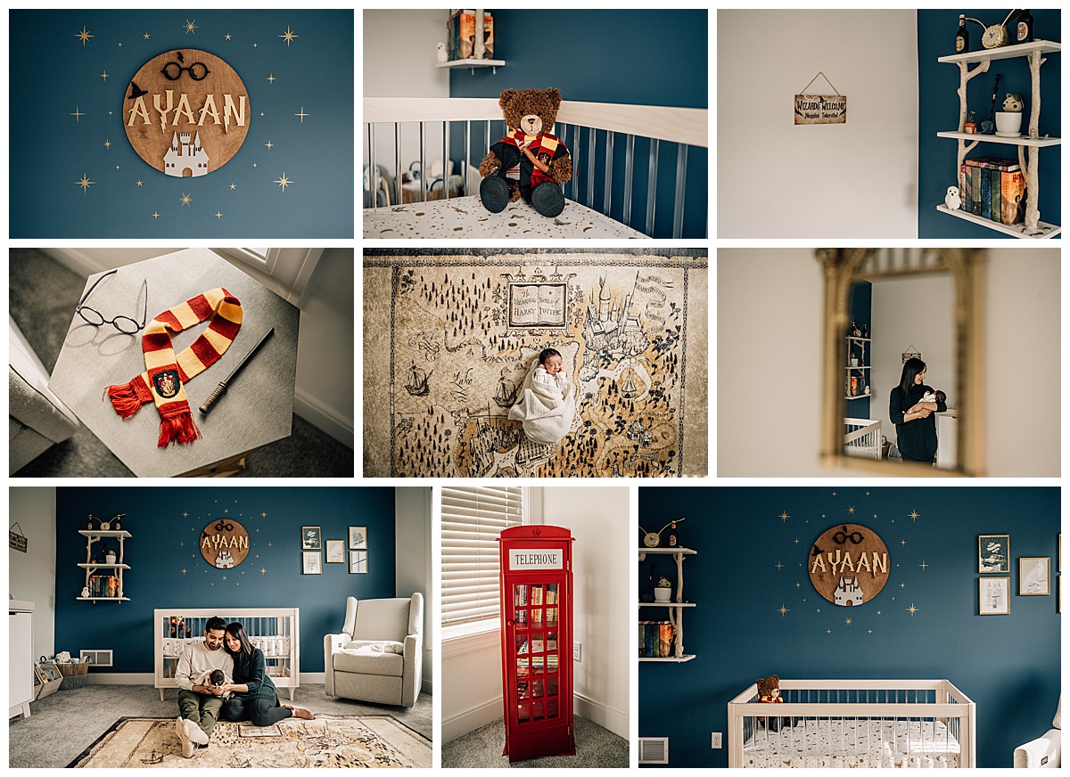 Mom and Dad with Baby in Harry Potter themed Nursery, Meg Mosher Photography