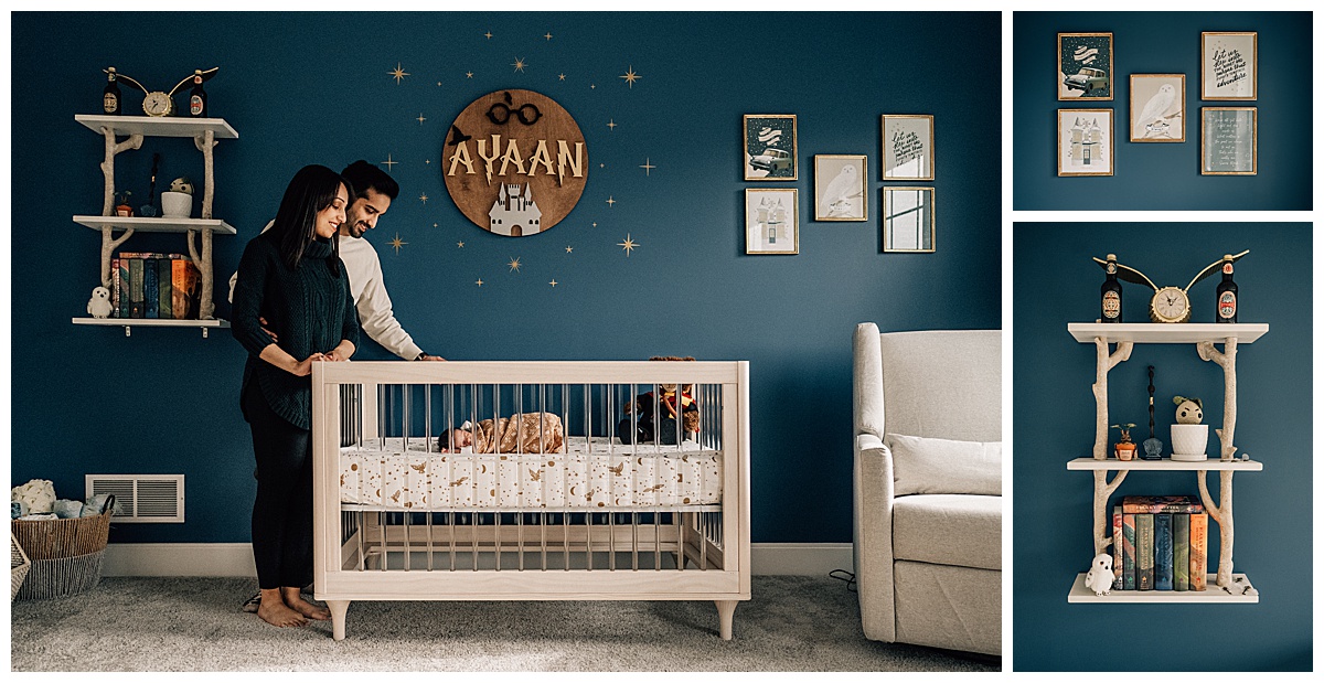 Mom and Dad with Baby in Harry Potter themed Nursery, Meg Mosher Photography