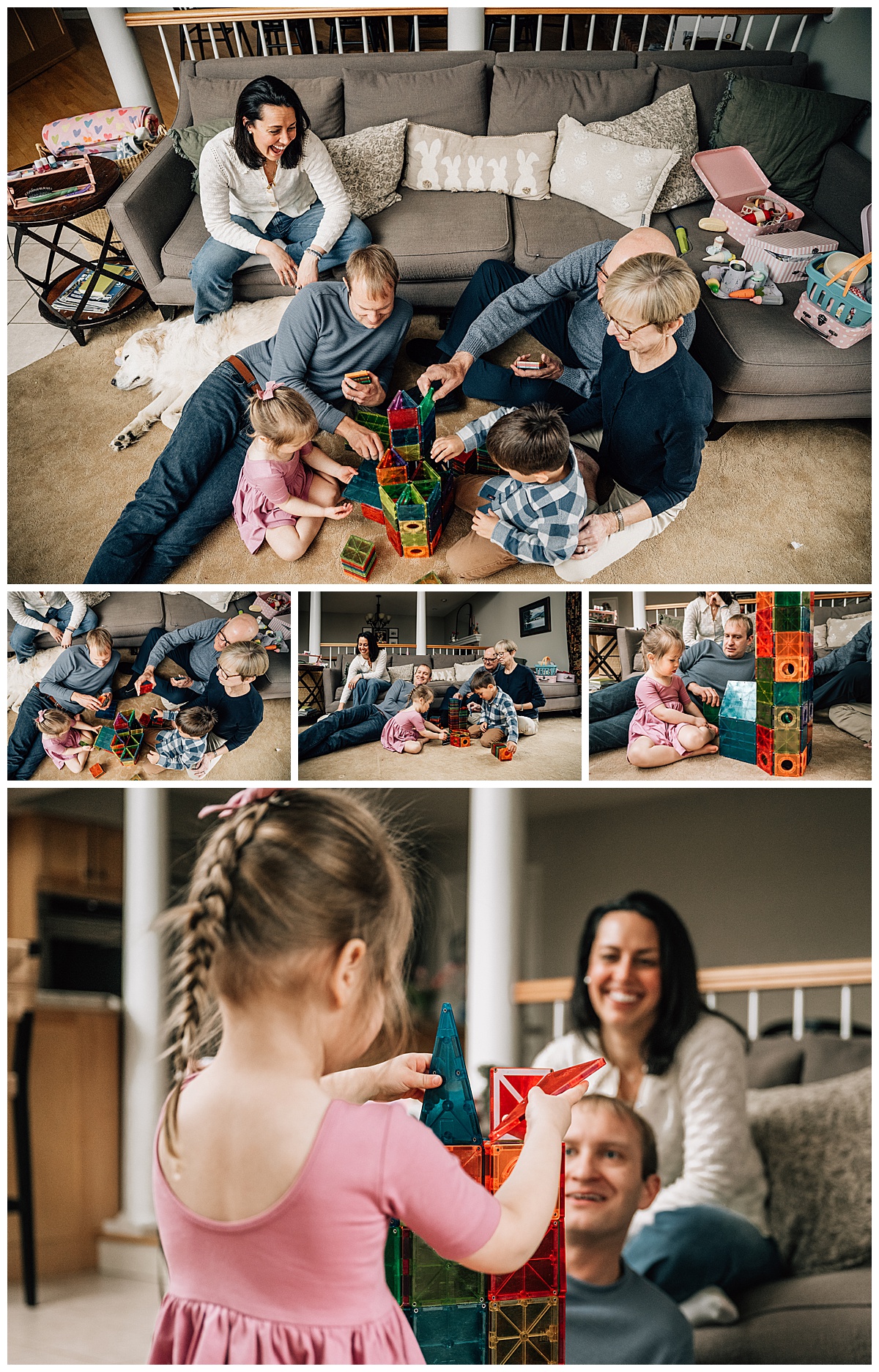 Family builds with magnatiles on the floor of the living room. 
