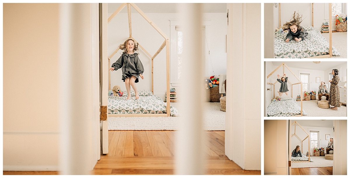 During her in-home session, a little girl jumps on her bed while her mother and father look on. 