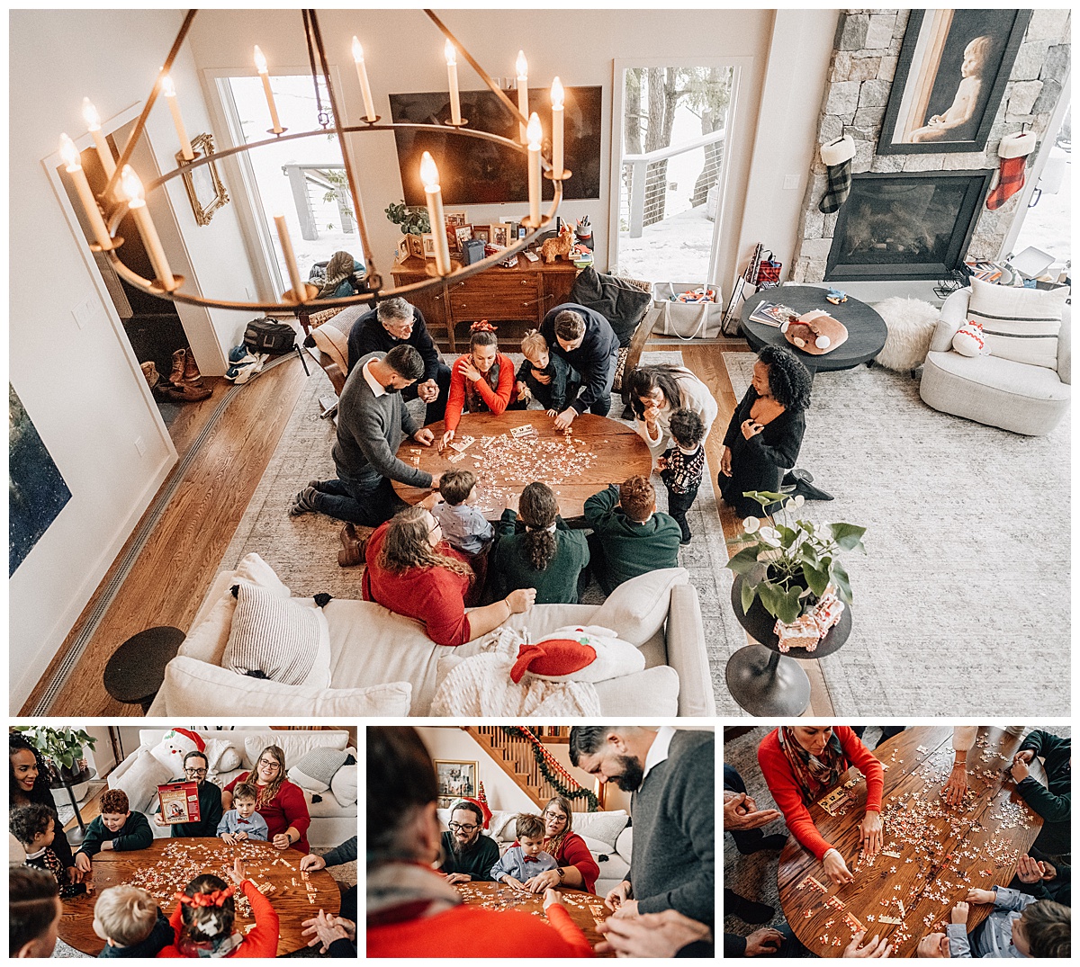 Extended family puts together a puzzle during the holidays.