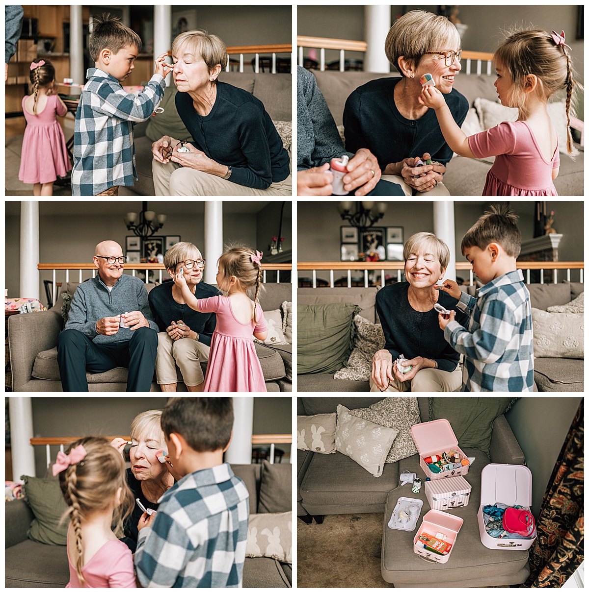 During their in-home session, two young children pretend to put makeup on their Grandma. They are playing pretend.