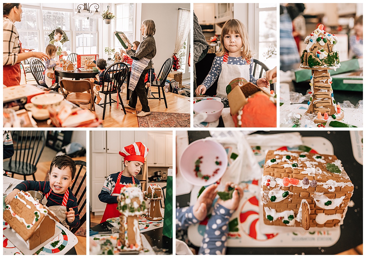 Family gathers around the kitchen table to make gingerbread houses a couple of days before Christmas. Everyone has a fun time and it is festive and jolly.