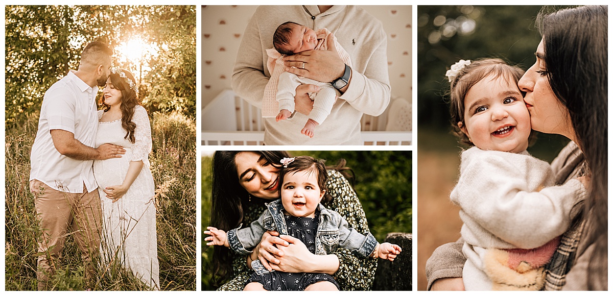 Outdoor and indoor milestone photography collage featuring maternity portraits in a sunlit field, a parent holding a sleeping newborn, and mothers cuddling and kissing smiling babies, highlighting tender moments from pregnancy to baby’s early growth stages.