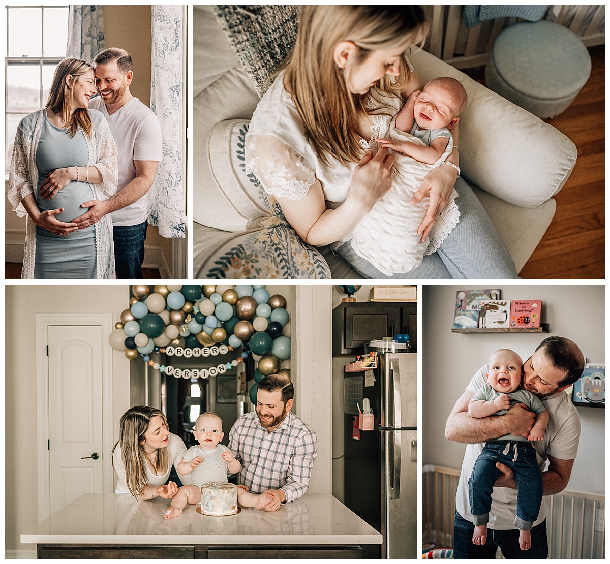 Family milestone photography collage showing a couple expecting a baby, a mother cuddling a newborn on a couch, parents celebrating a baby’s first birthday with a cake and balloon backdrop, and a father holding a smiling baby in a nursery, capturing pregnancy through first-year family moments at home.