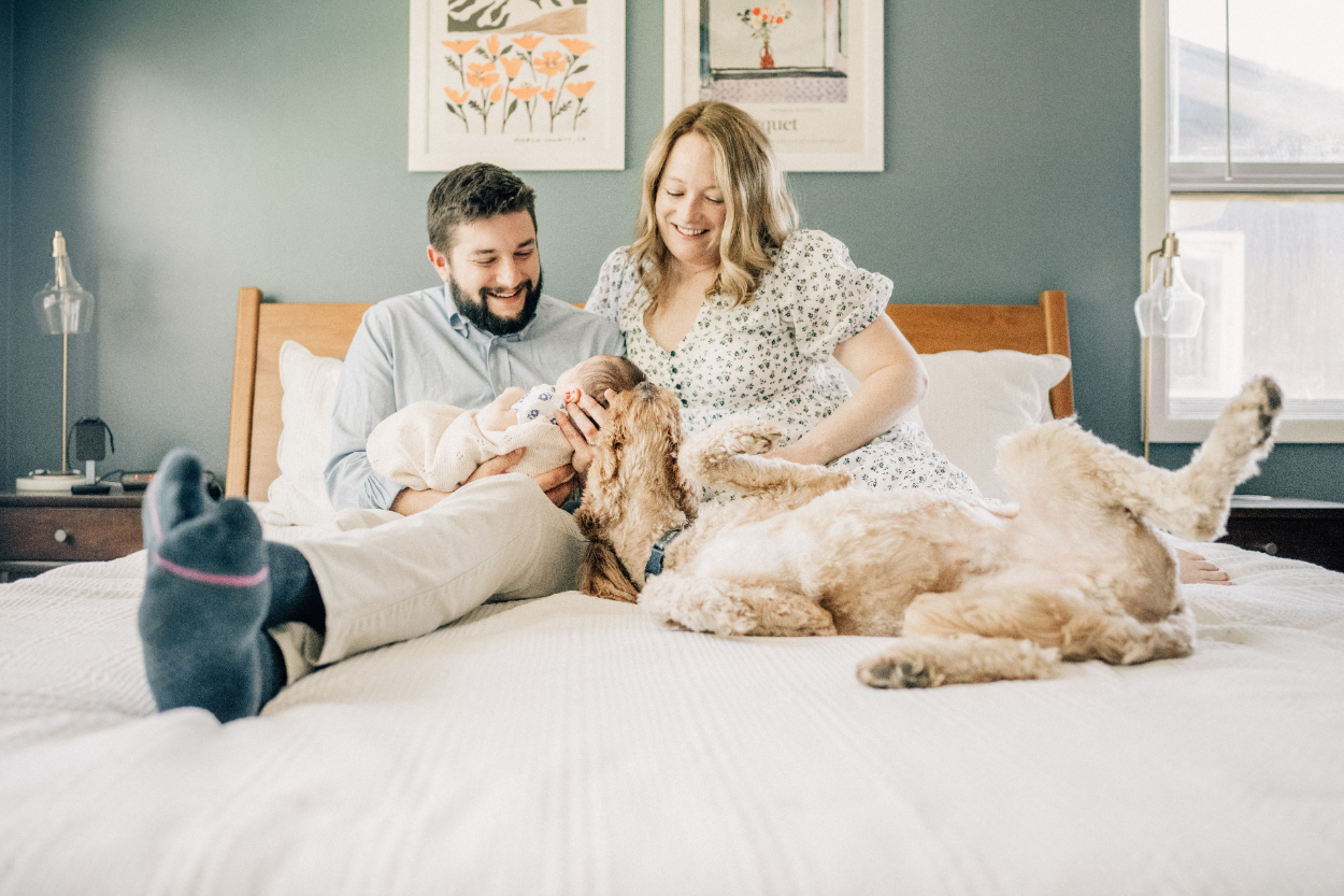 In-home newborn photography ideas with parents, baby, and dog cuddling on bed.